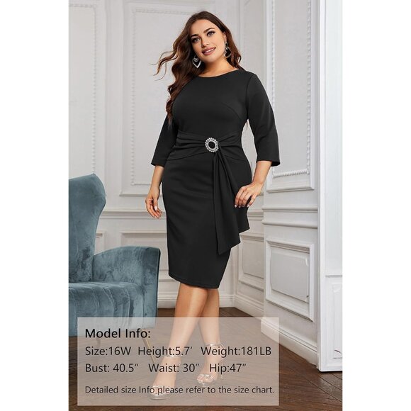 Plus Size Women's 3/4 Sleeve Bodycon Dress with Rhinestones for Business - Picture 2 of 8